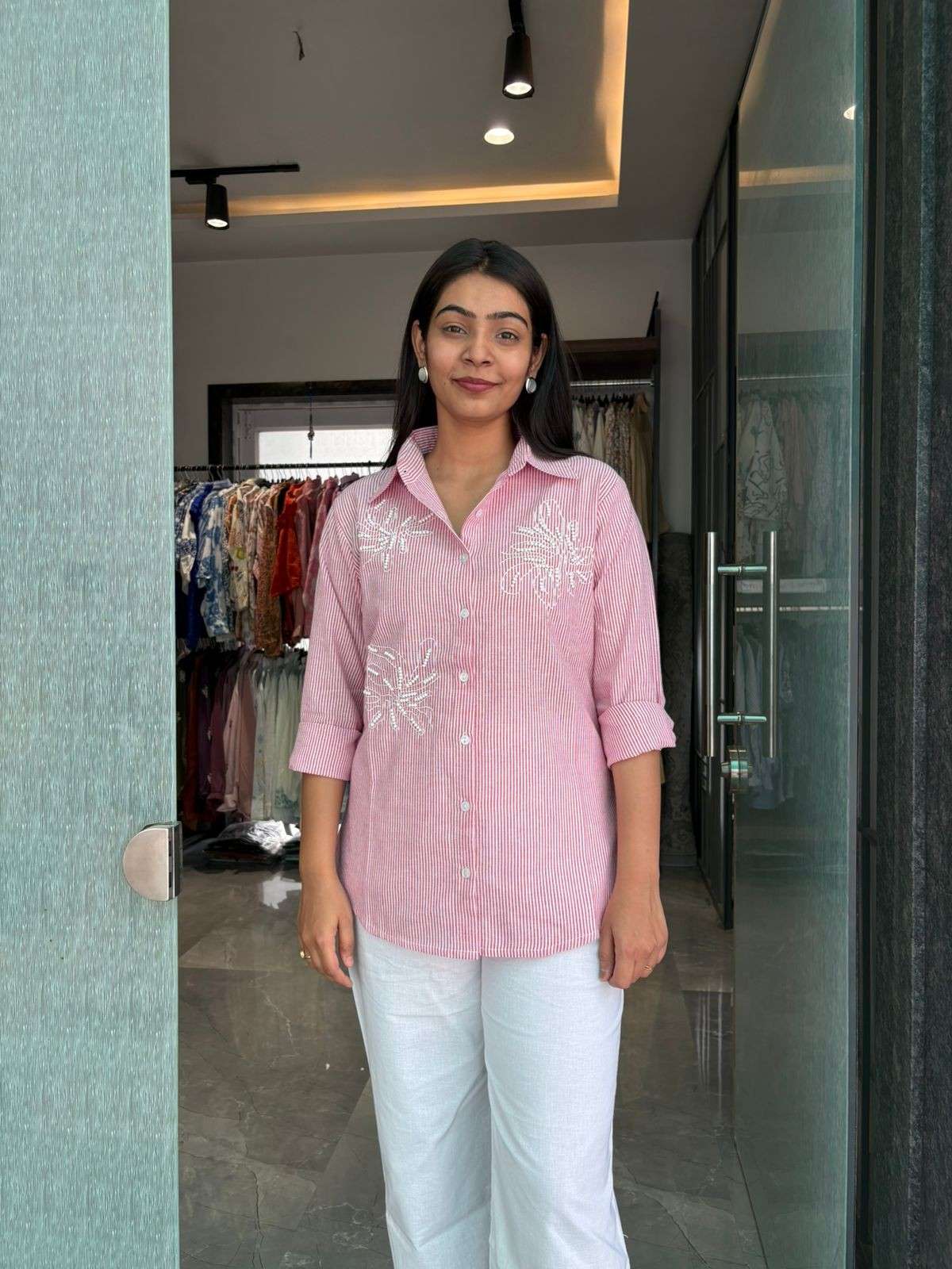 Cotton stripe beads shirt