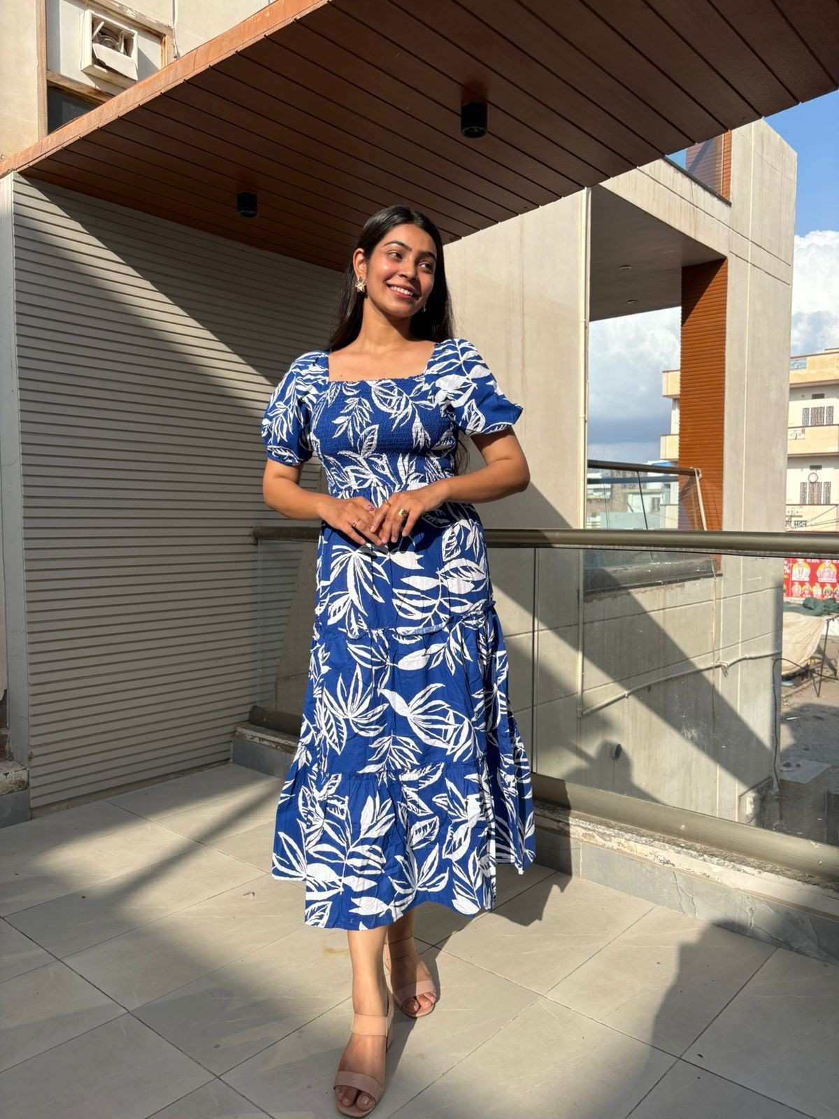 Cotton printed blue midi