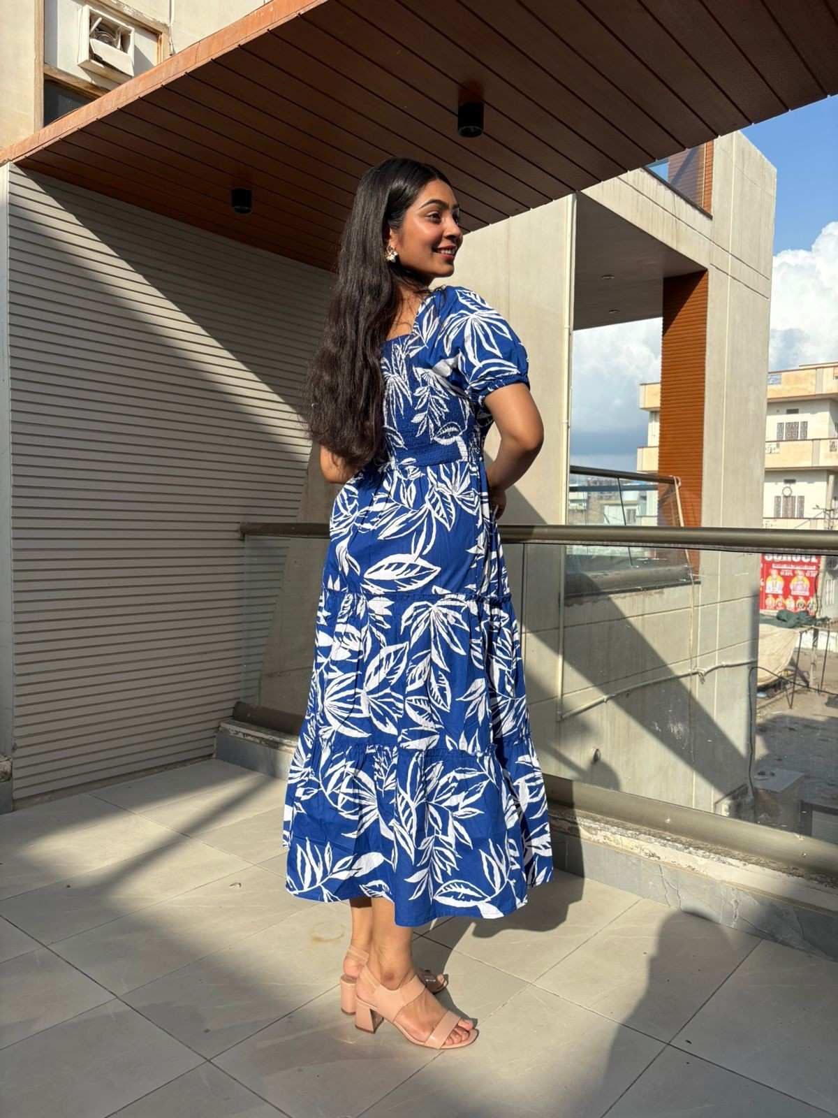 Cotton printed blue midi