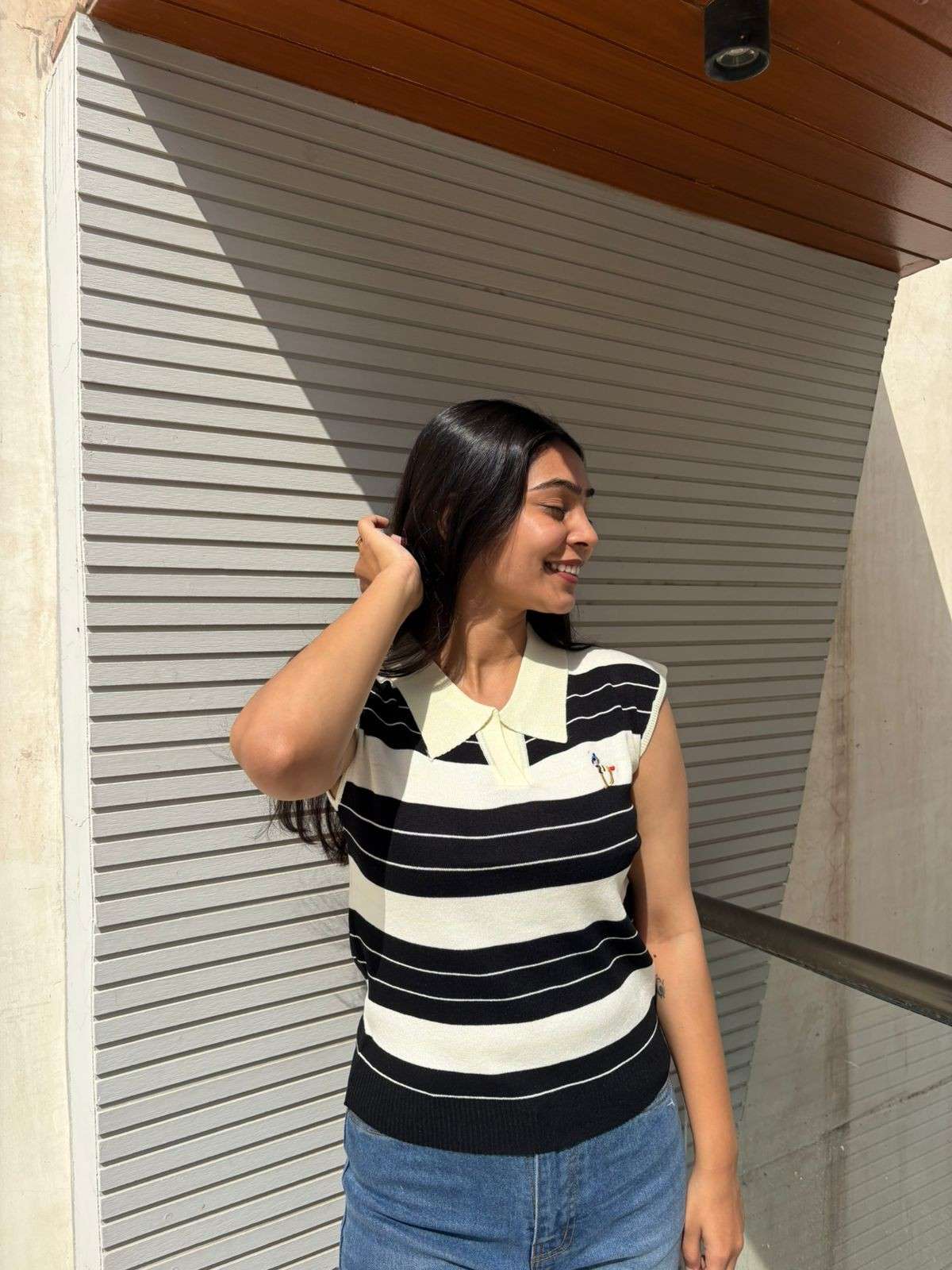 Knitted stripe polo top