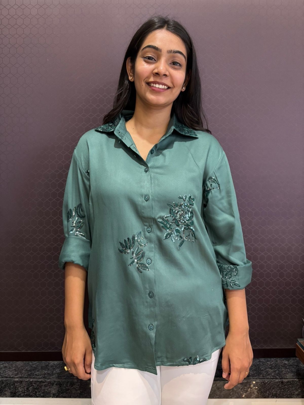 Cotton Embroidered sequence work shirt