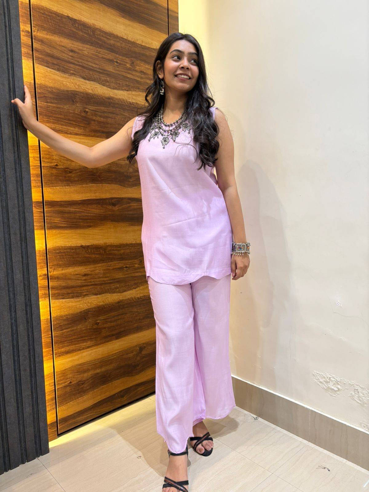 Satin solid tunic coordset