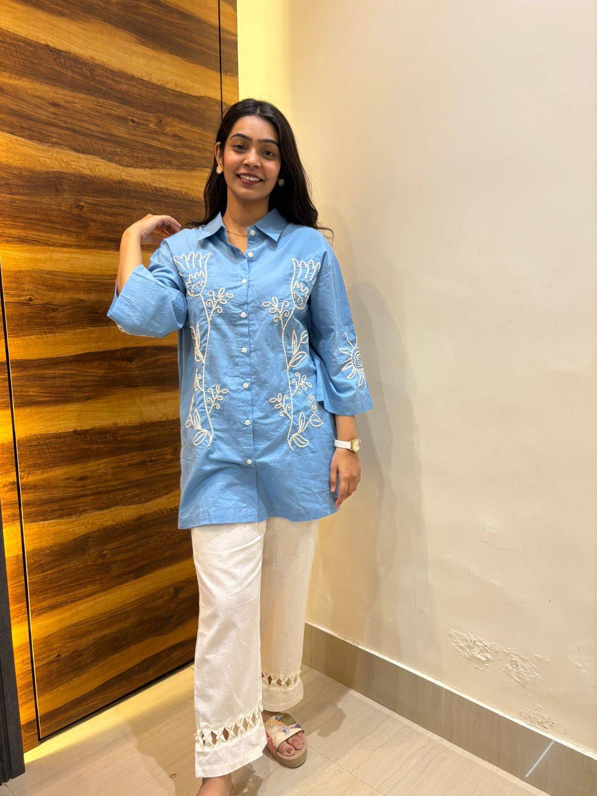 Sky Blue Thread Flower Coord Set