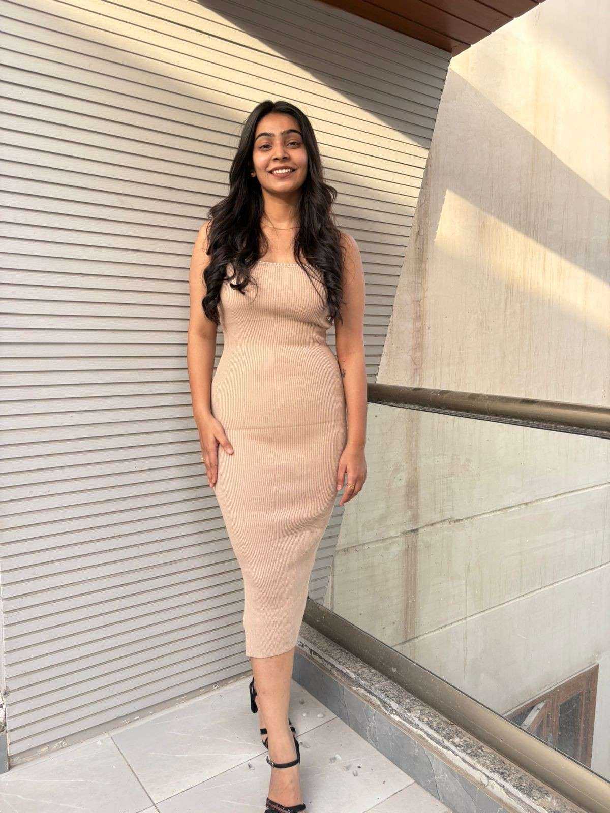 Pearl embalished strap knitted dress