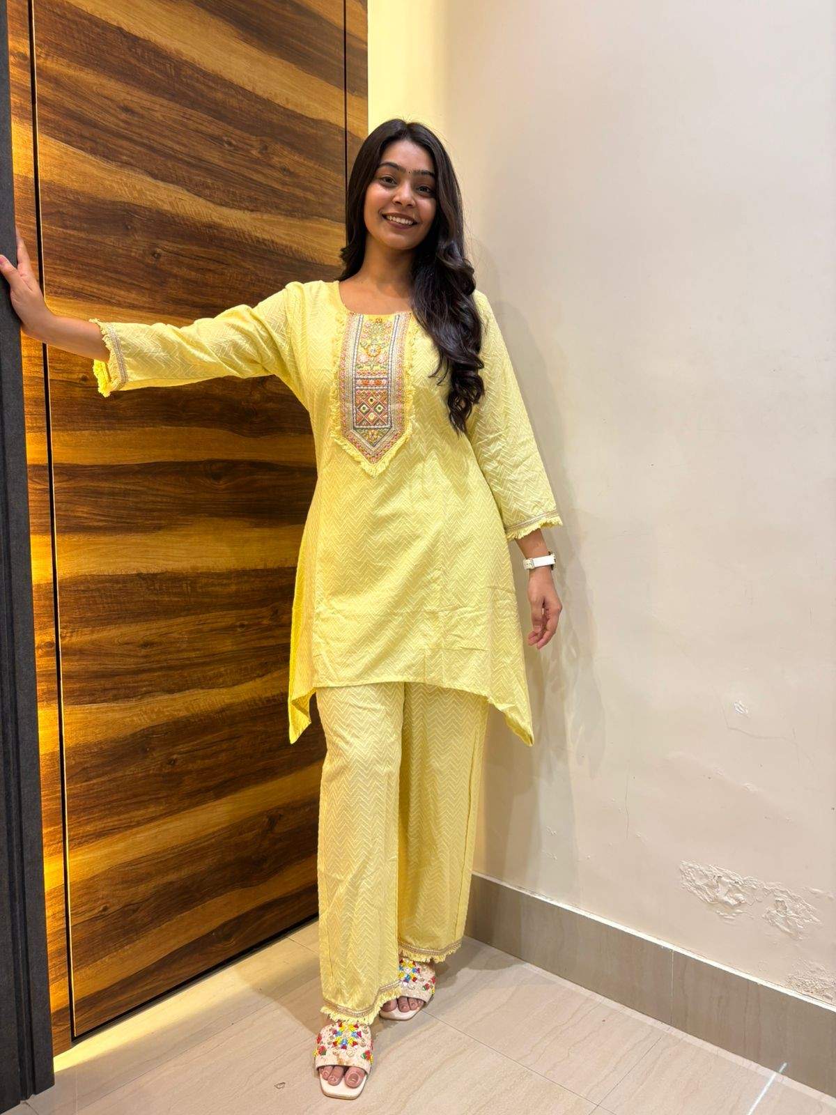 Cotton textured lime yellow coordset