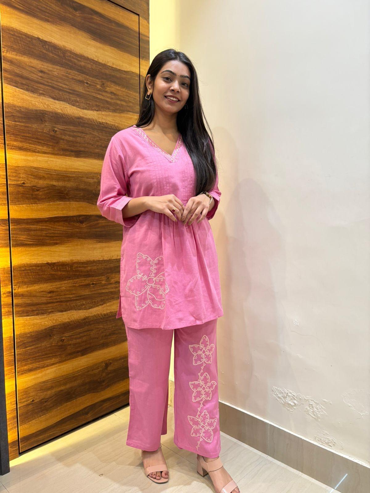 Light Pink pleated embroidered coordset