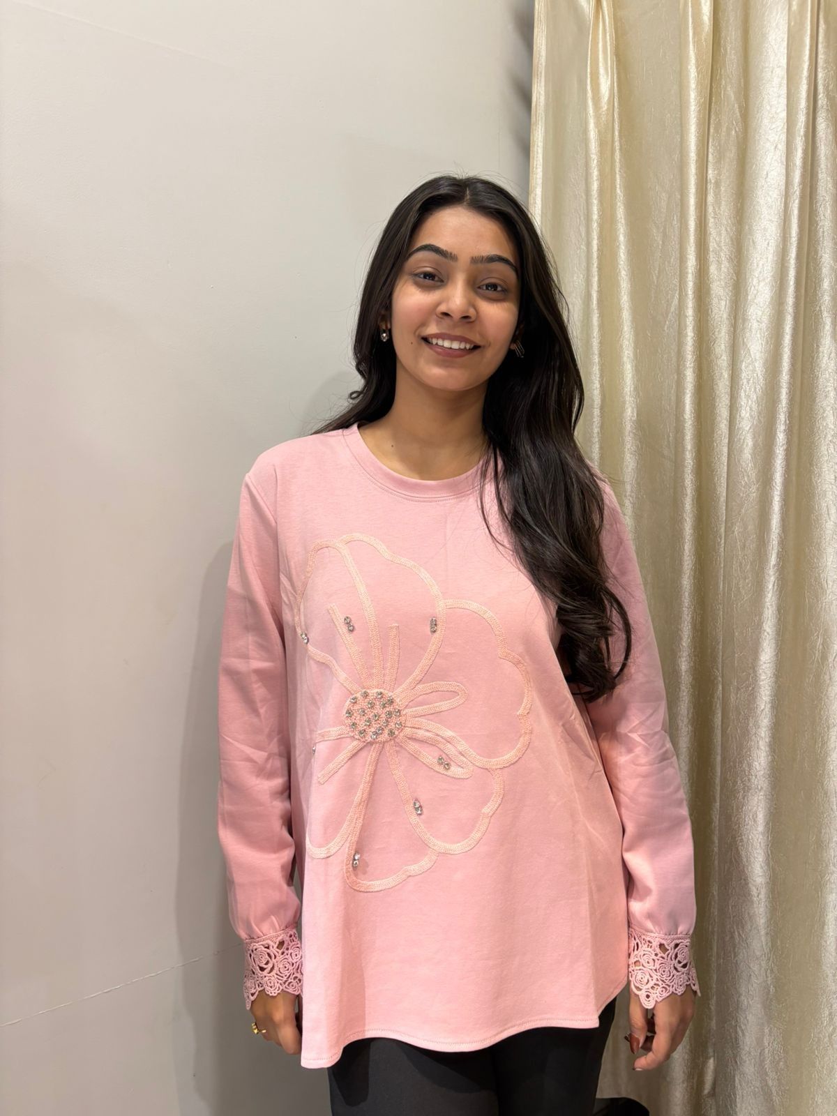 Solid embroidered sweat top