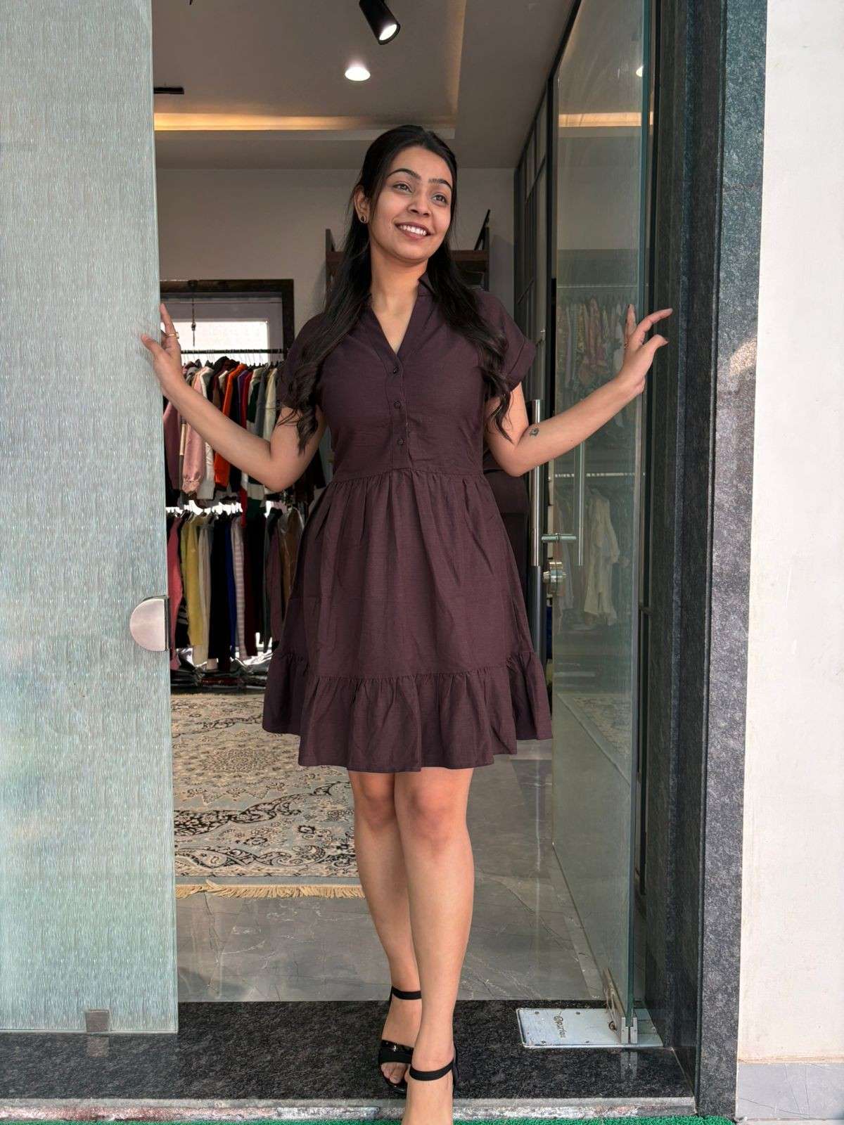 Cotton solid brown dress