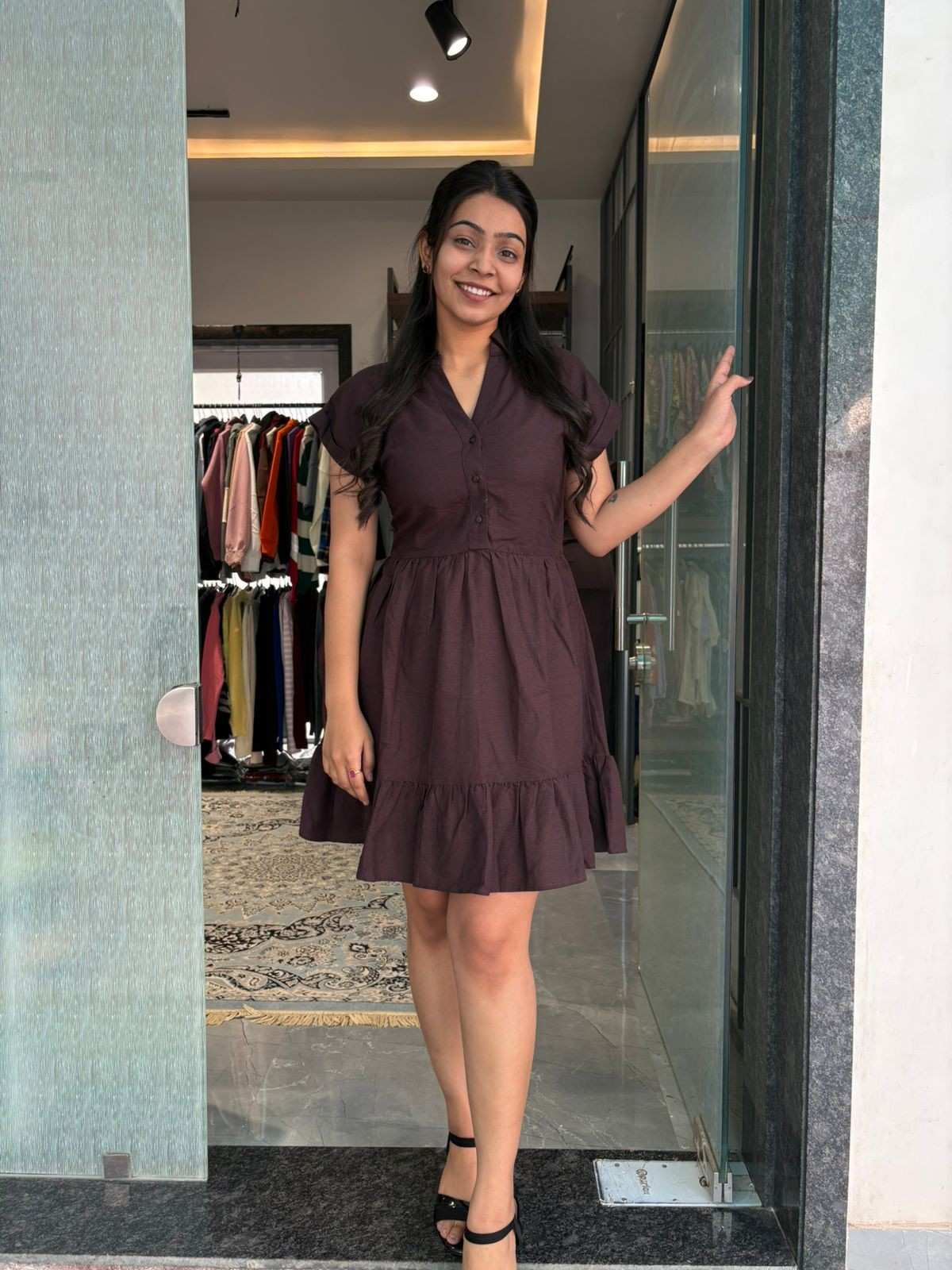 Cotton solid brown dress
