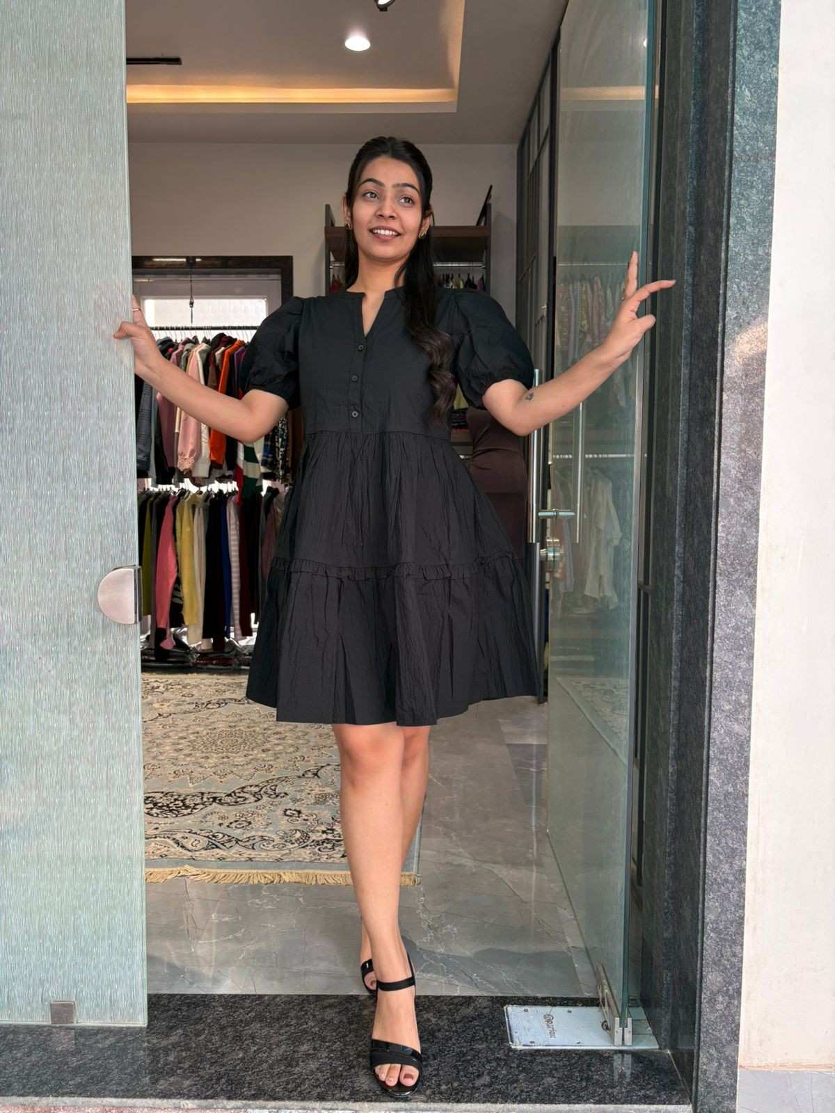 Cotton solid black dress