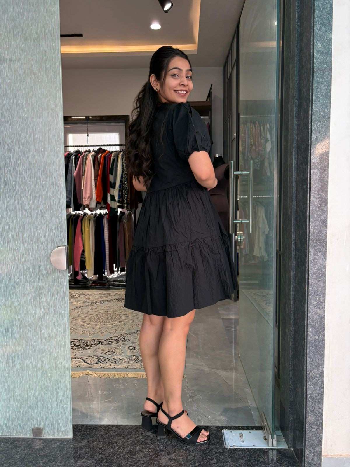 Cotton solid black dress