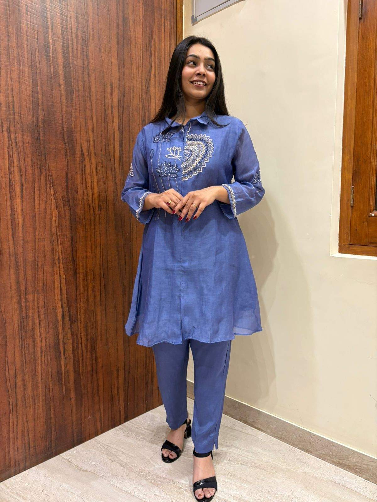 Blue Chanderi tunic coordset