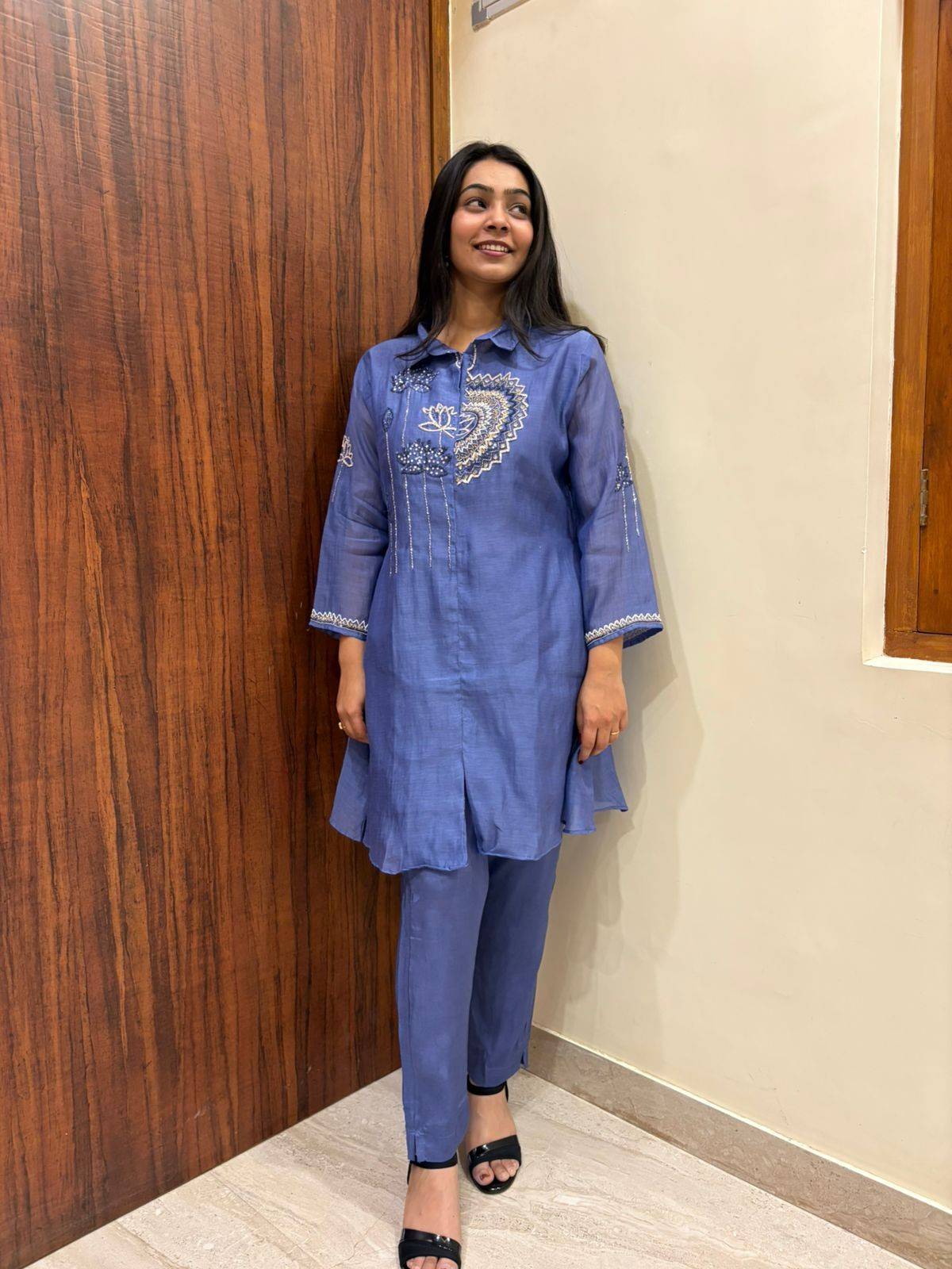 Blue Chanderi tunic coordset
