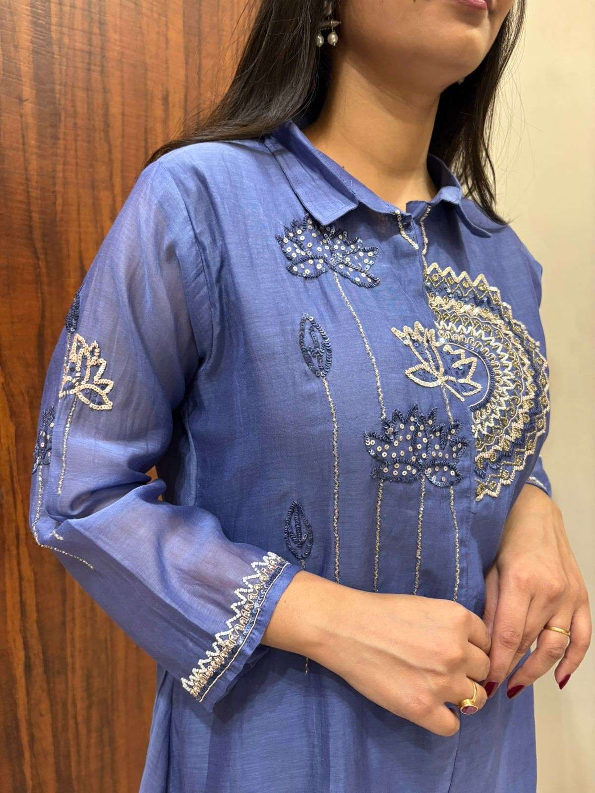 Blue Chanderi tunic coordset