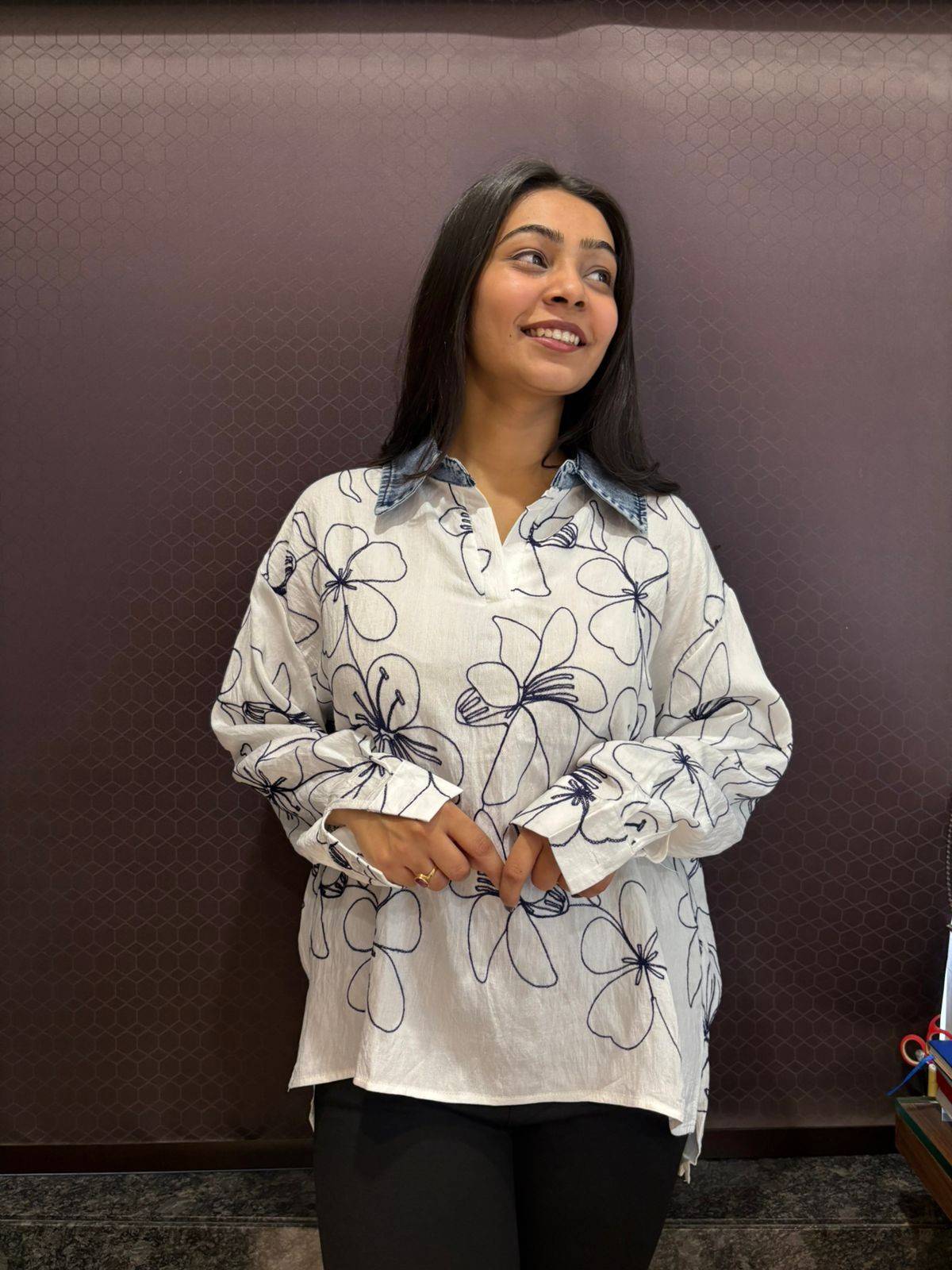 Embroidered Denim collar shirt