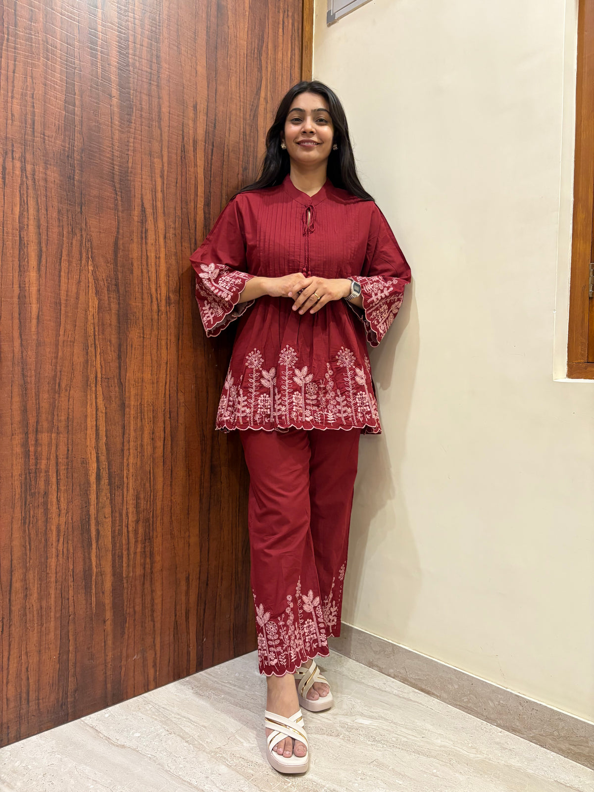 Pintex Embroidered Tunic Coord- Maroon
