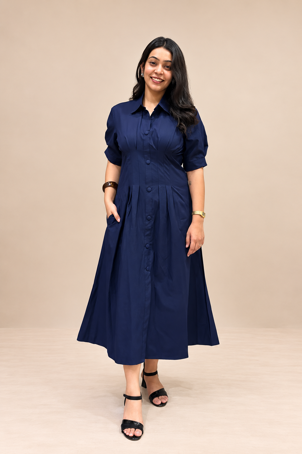 Evara Pleated Dress- Navy Blue