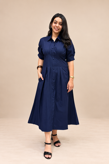 Evara Pleated Dress- Navy Blue