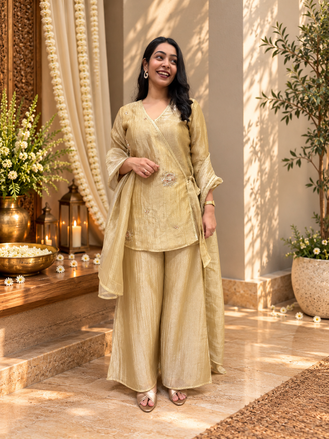 Sitara Angrakha 3Pc Set- Soft Gold