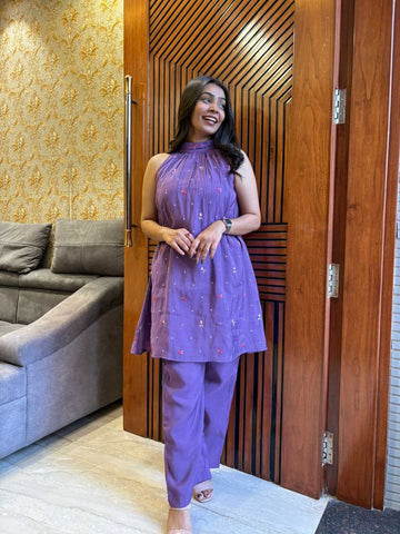 Chanderi Embroidered Halter neck coordset