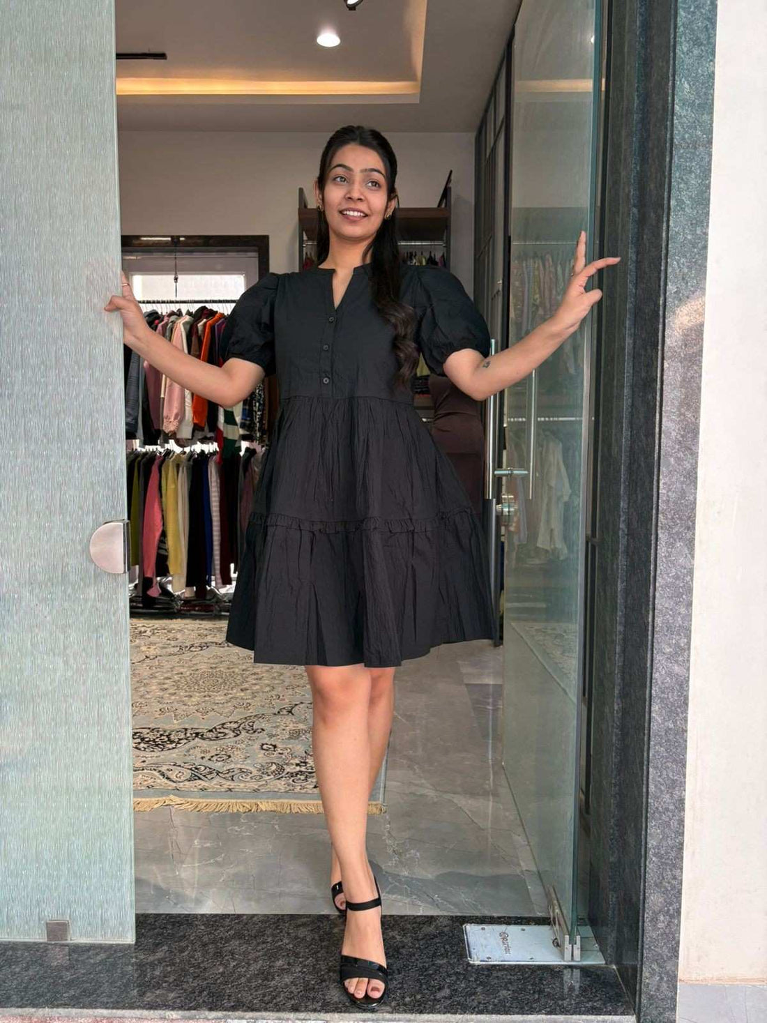 Cotton solid black dress