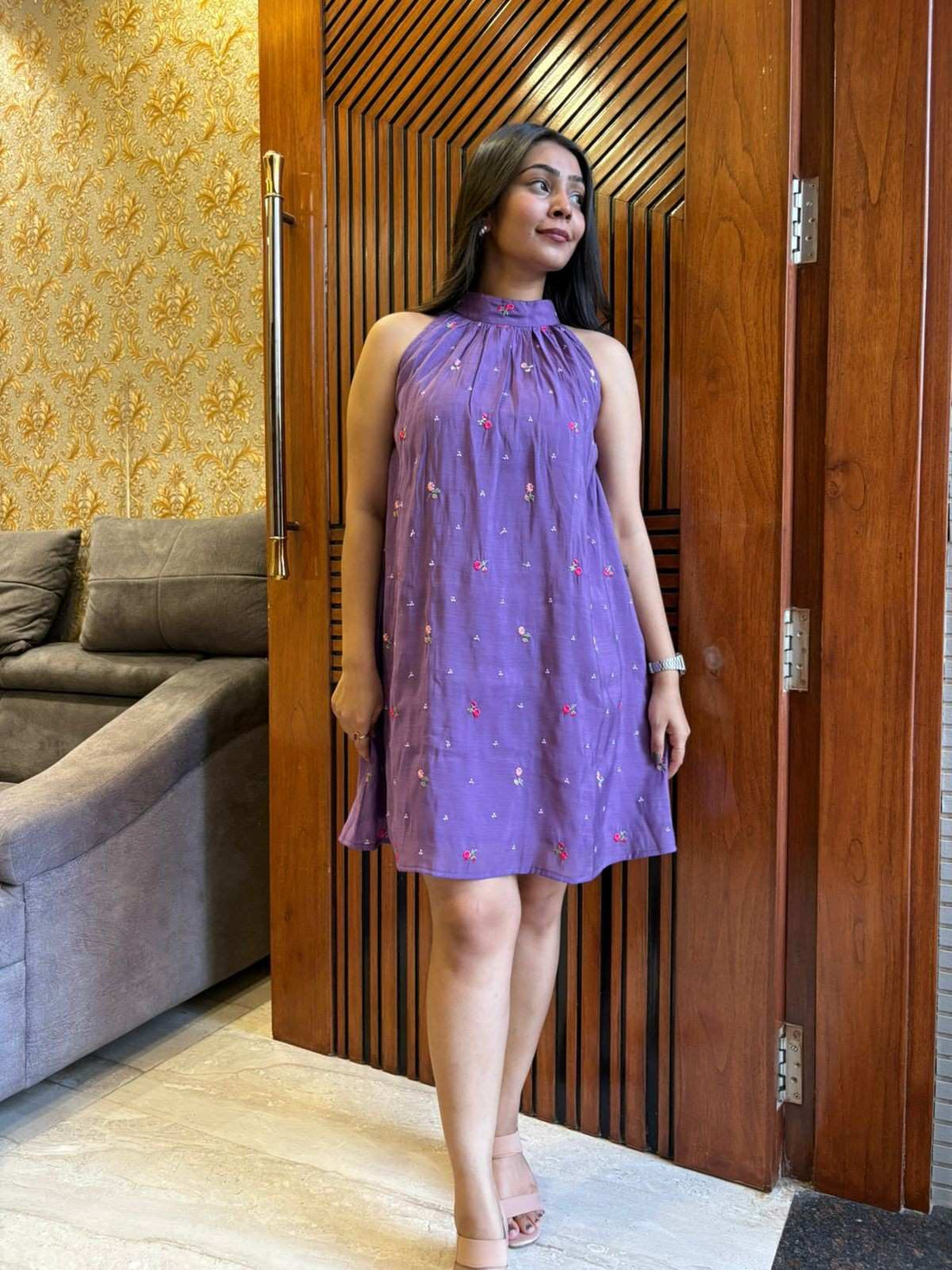 Halter neck Embroidered Chanderi Dress