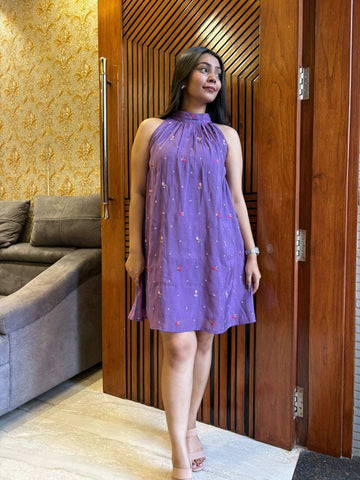 Halter neck Embroidered Chanderi Dress