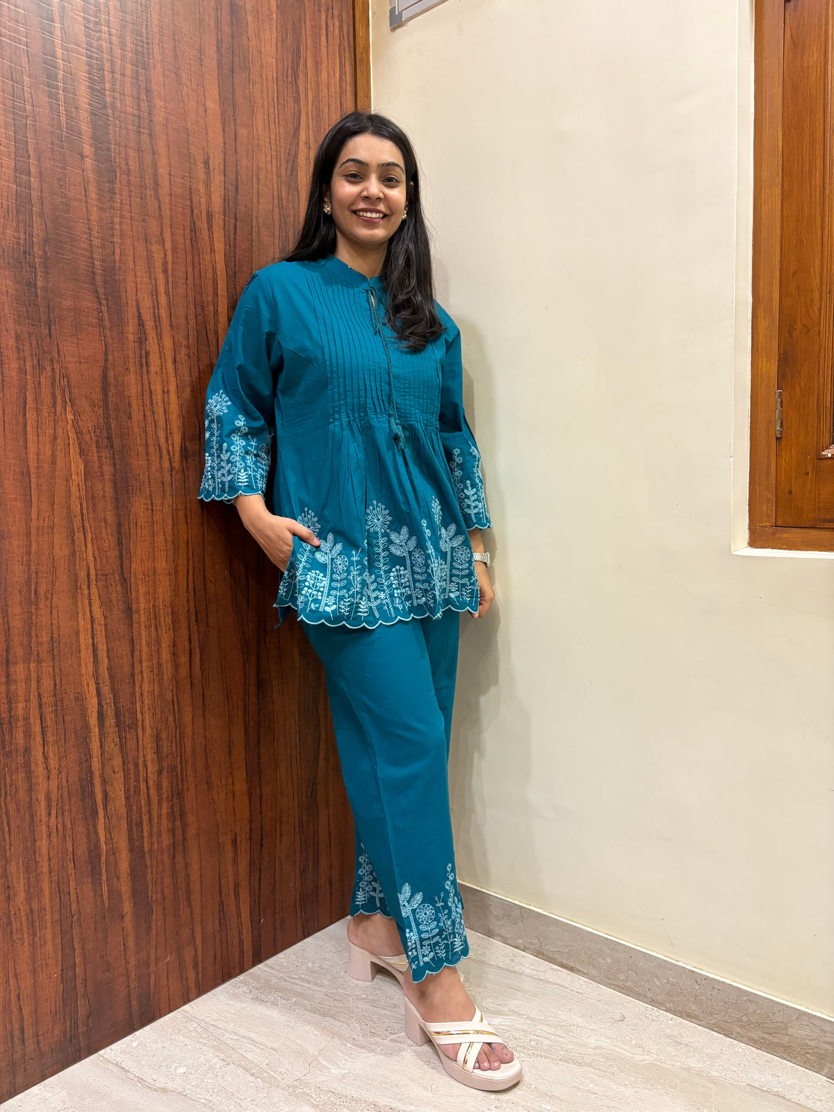 Pintex Embroidered Tunic Coord- Teal