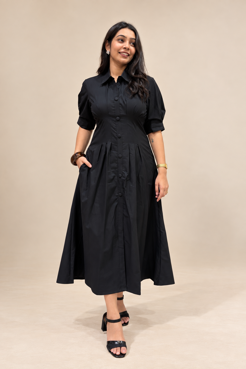 Evara Pleated Dress- Black
