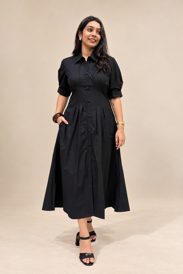 Evara Pleated Dress- Black
