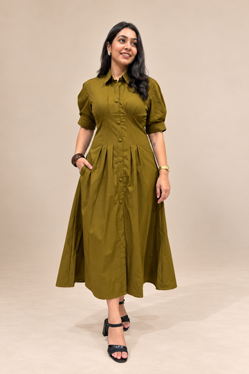 Evara Pleated Dress- Earthy Olive