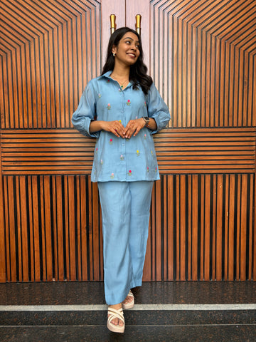 Chanderi Shirt Coord Set - Powder Blue