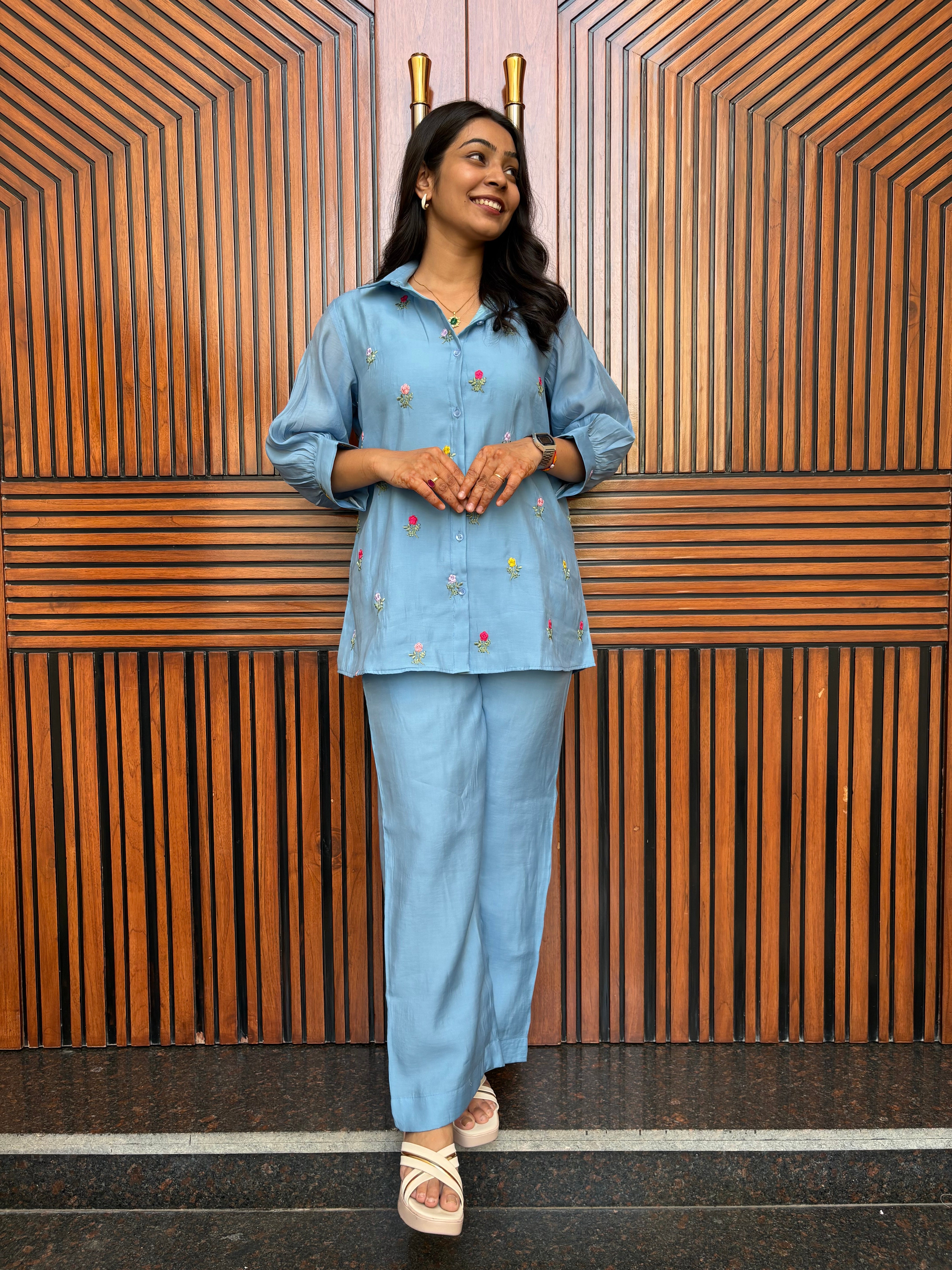 Chanderi Shirt Coord Set - Powder Blue