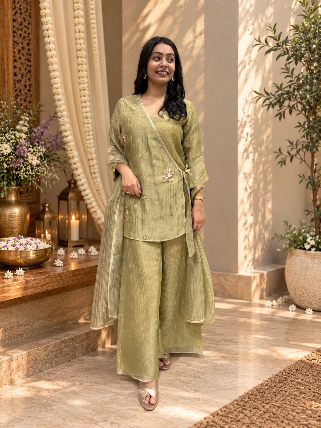 Sitara Angrakha 3Pc Set- Sage Green