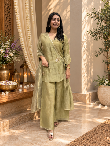 Sitara Angrakha 3Pc Set- Sage Green