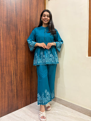 Pintex Embroidered Tunic Coord- Teal