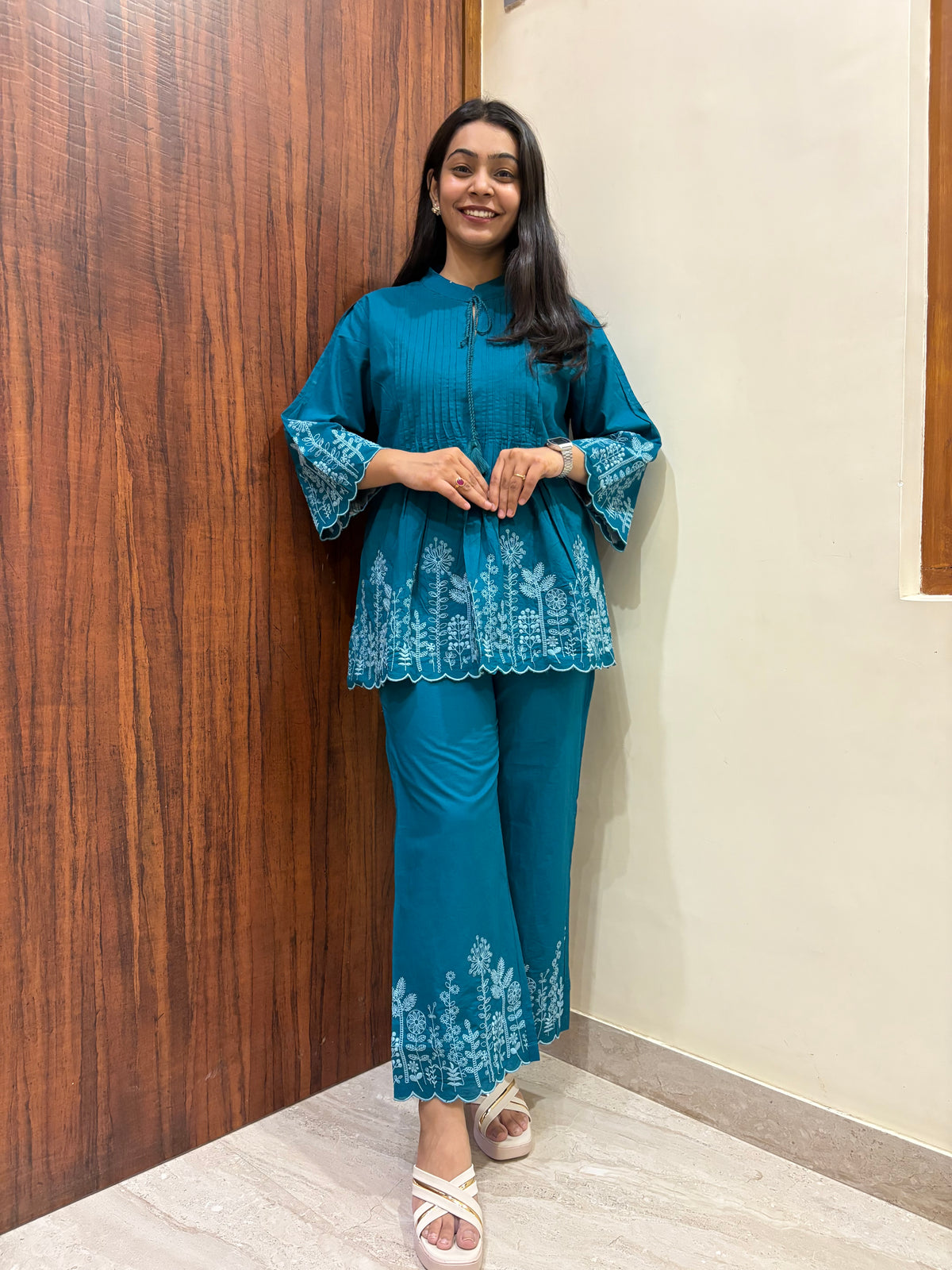 Pintex Embroidered Tunic Coord- Teal