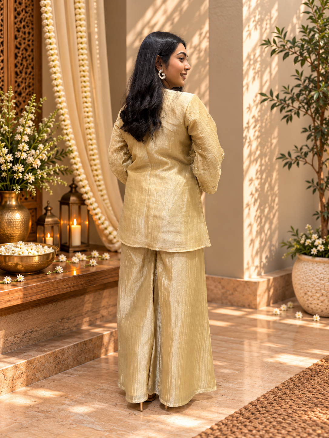 Sitara Angrakha 3Pc Set- Soft Gold