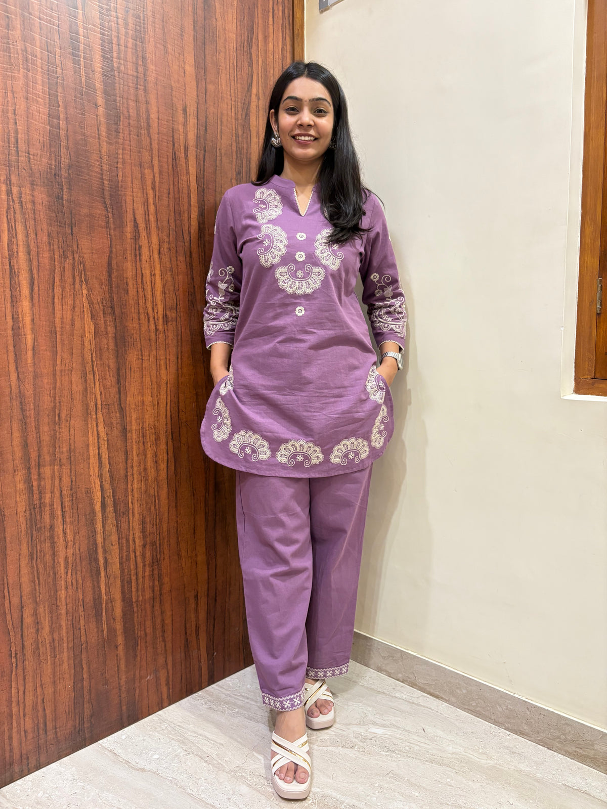 Khadi Embroered Tunic Coord Set- Purple