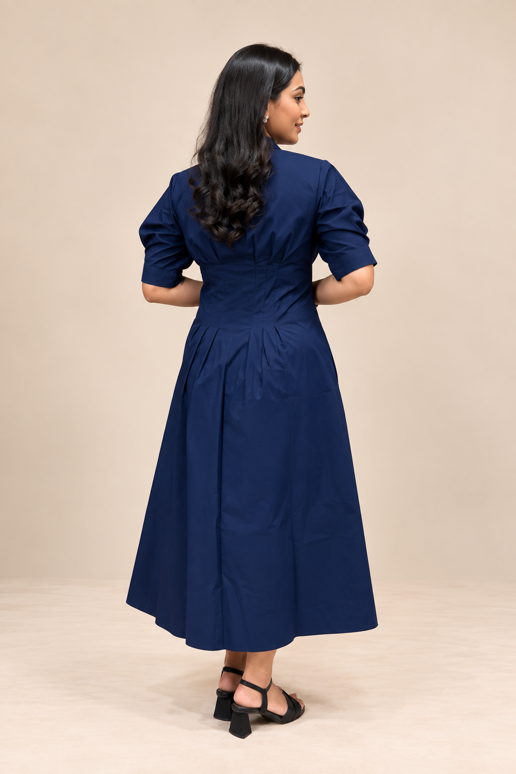 Evara Pleated Dress- Navy Blue