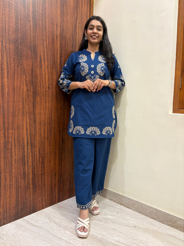 Khadi Embroidered Tunic Coord Set- Teal