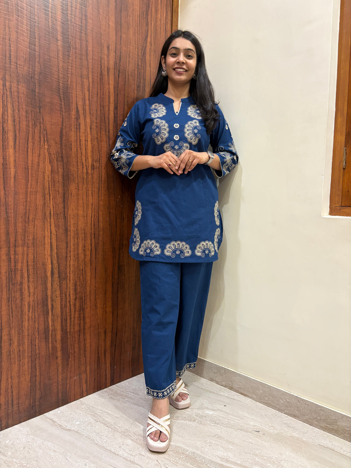 Khadi Embroidered Tunic Coord Set- Teal
