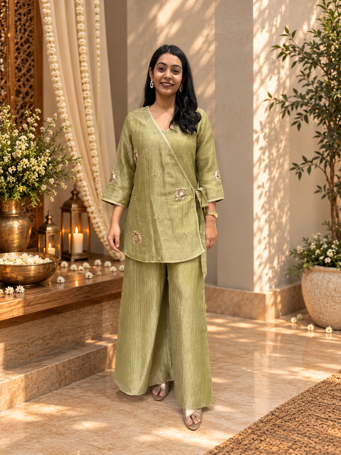 Sitara Angrakha 3Pc Set- Sage Green