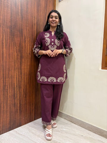 Khadi Embroidered Tunic Coord Set - Wine