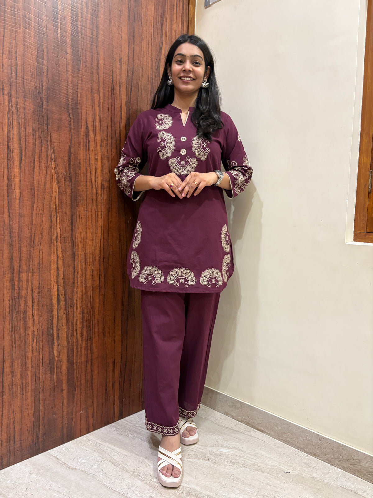 Khadi Embroidered Tunic Coord Set - Wine