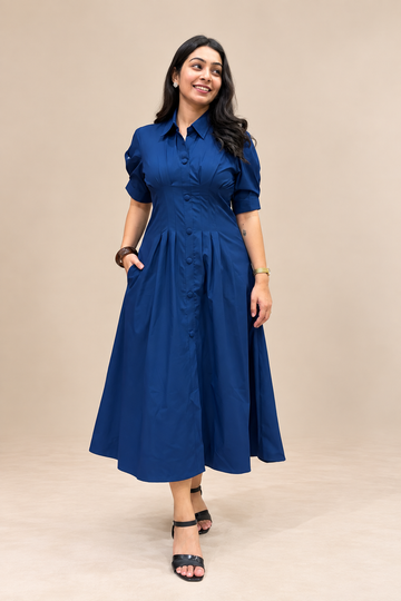 Evara Pleated Dress- Teal Blue