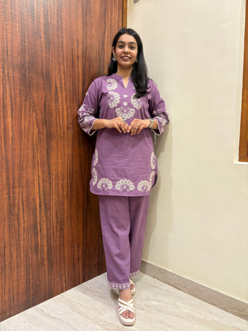 Khadi Embroered Tunic Coord Set- Purple