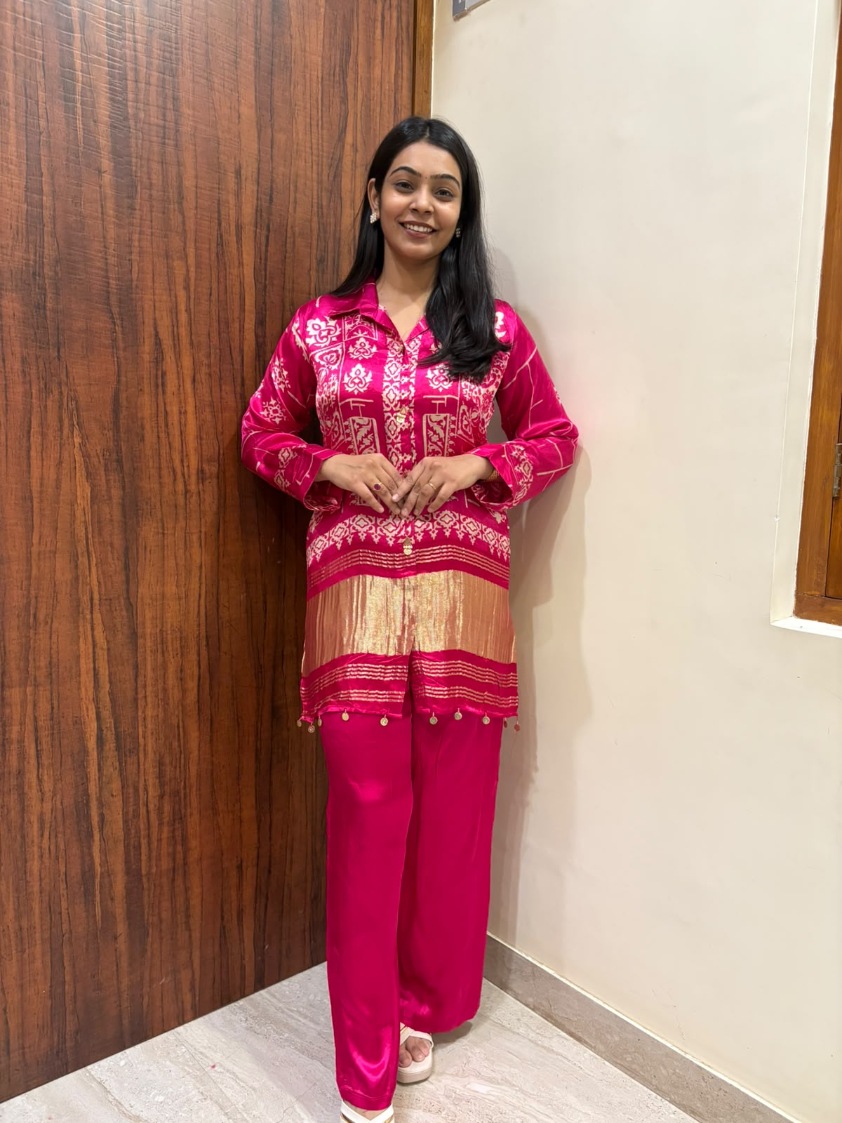 Suhana Gajji Silk Coord Set- Rani Pink