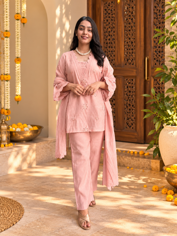 Poo Chanderi 3pc Dupatta Set- Blush Pink