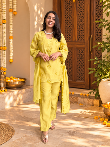 Poo Chanderi 3pc Dupatta Set- Lime Yellow